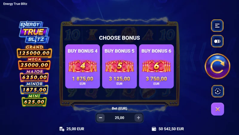 Energy True Blitz - menu nákupu bonusu